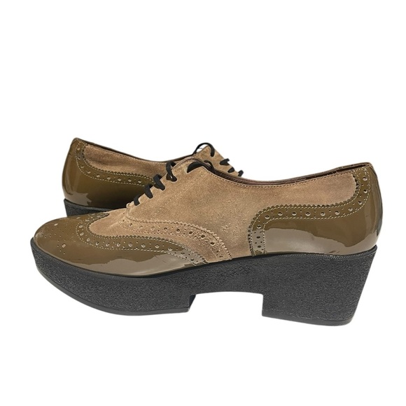Robert Clergerie lace up platform oxfords leather 9 1/2 green and tan - Picture 3 of 11